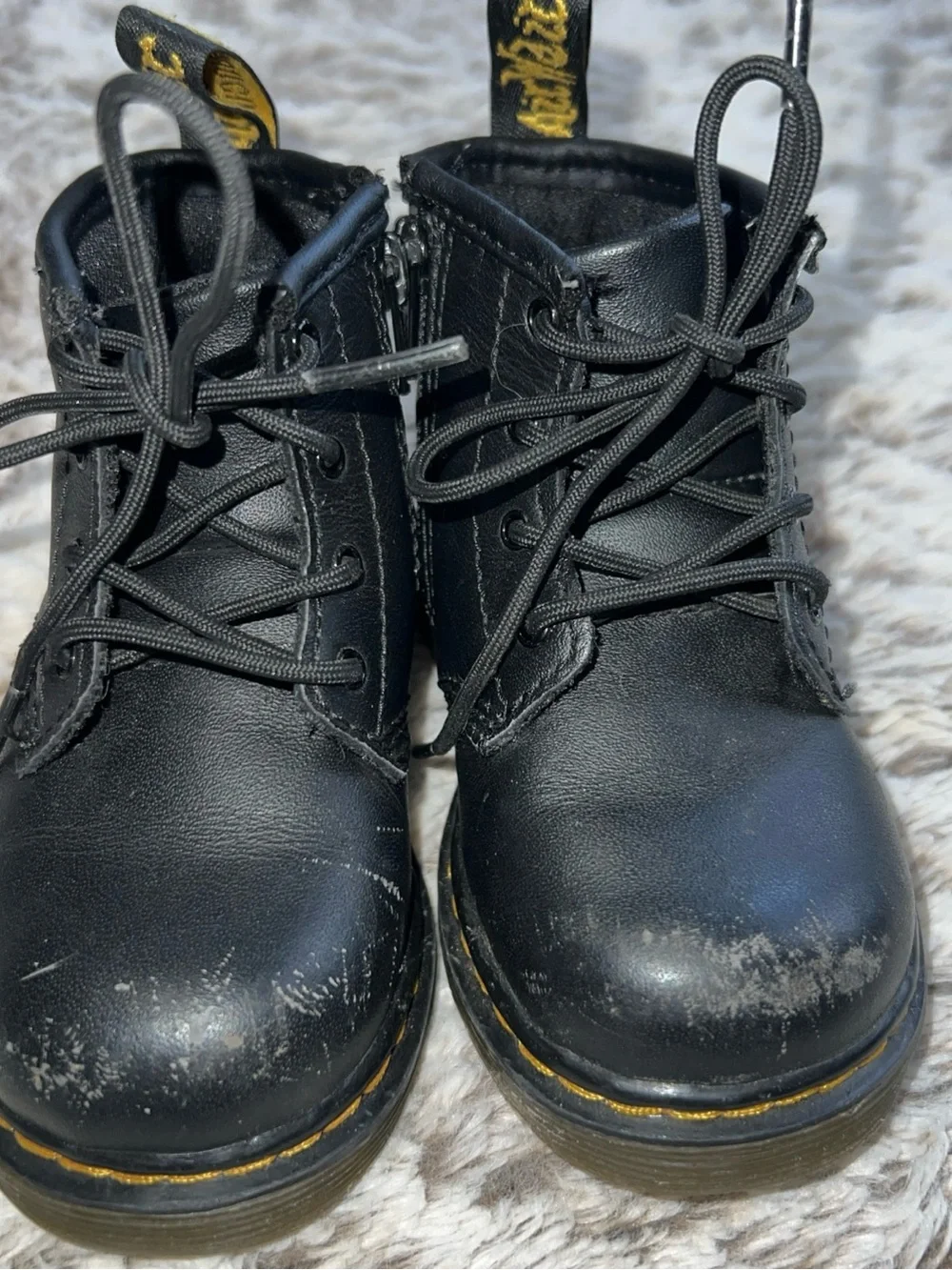 Dr. Martens Kids Black Leather Lace-Up Boots with Yellow Stitching